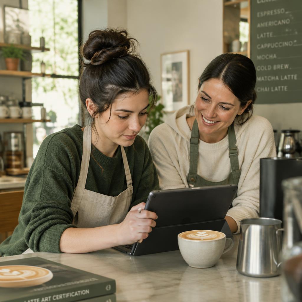 A barista learning with a mentor at the café counter