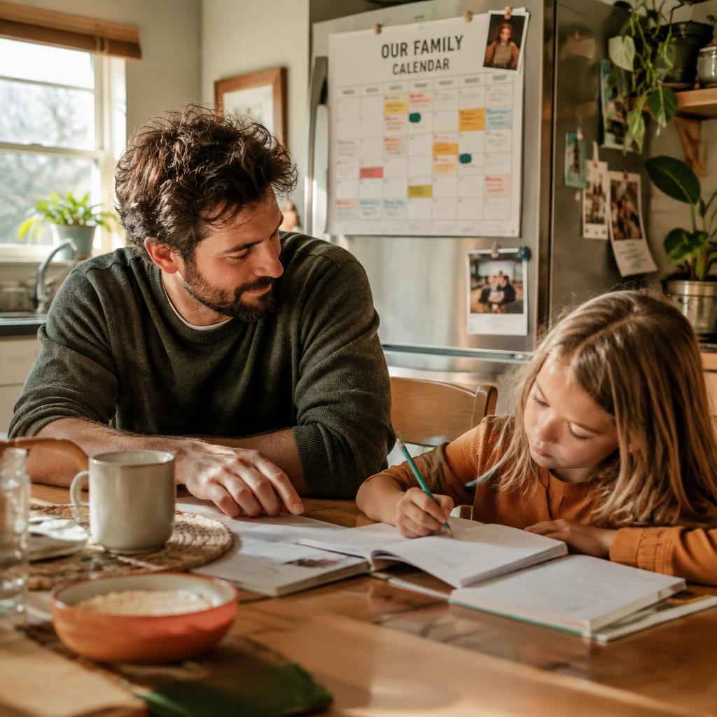 A chef helping his daughter with homework before a shift