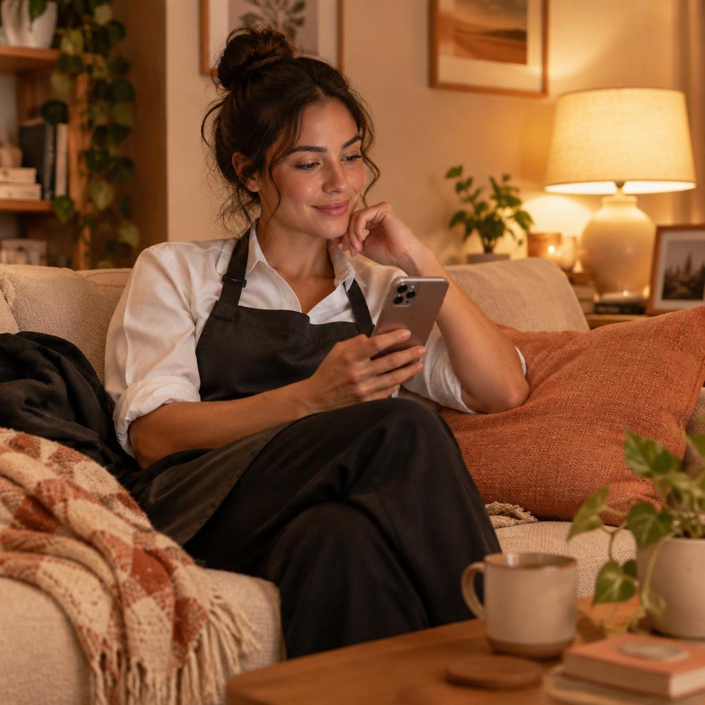 A server relaxing at home after a shift, checking her phone